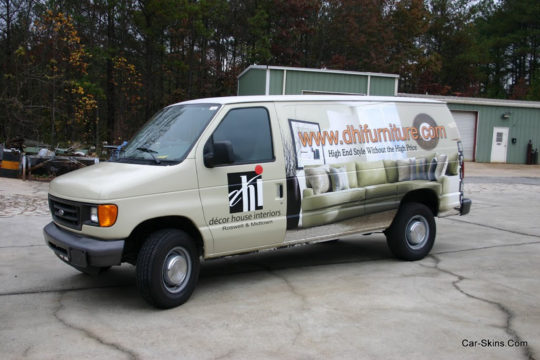 DHI Furniture corporate vehicle wrap with lettering, custom graphics, and side logos.
