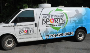 Play it again sport corporate van wrap with windows and lettering