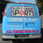Play it again sport corporate van wrap with windows and lettering