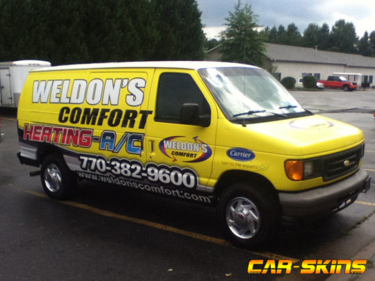 Welon's comfort heating and A/C van wrap with logos, lettering, and windows.
